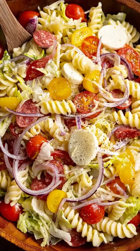Wooden bowl of rotini grinder pasta salad with cherry tomatoes, red onion, shredded lettuce, mozzarella pearls, turkey pepperoni, and a creamy Italian dressing.