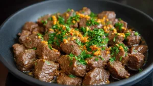 Easy Beef Salpicao Recipe: Authentic Garlic Bliss Skillet of beef salpicao—tender seared beef cubes in glossy garlic butter-soy sauce, sprinkled with chopped parsley.