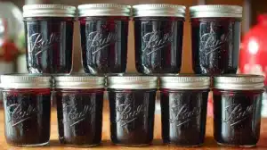 Ten half-pint Ball jars stacked in two rows, filled with deep purple black raspberry jam and sealed with silver lids.
