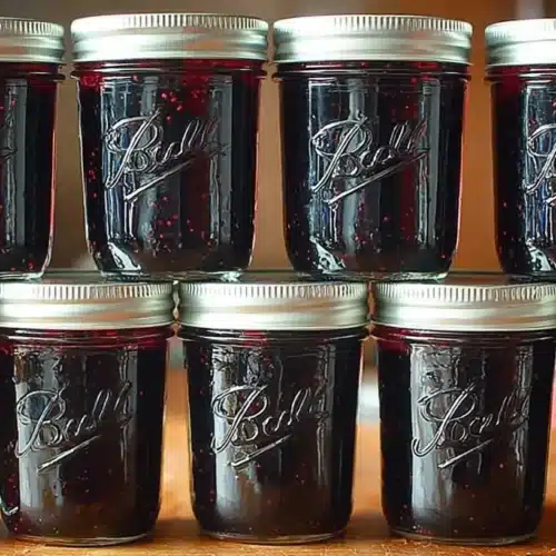Ten half-pint Ball jars stacked in two rows, filled with deep purple black raspberry jam and sealed with silver lids.