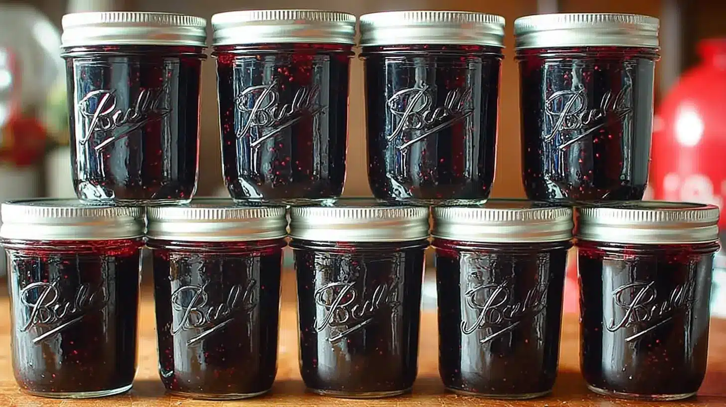 Ten half-pint Ball jars stacked in two rows, filled with deep purple black raspberry jam and sealed with silver lids.