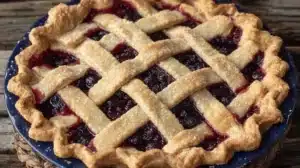 Freshly baked black raspberry pie in a blue dish with a golden, sugared lattice crust and deep purple filling, set on a rustic wooden table.