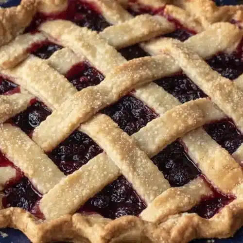 Freshly baked black raspberry pie in a blue dish with a golden, sugared lattice crust and deep purple filling, set on a rustic wooden table.