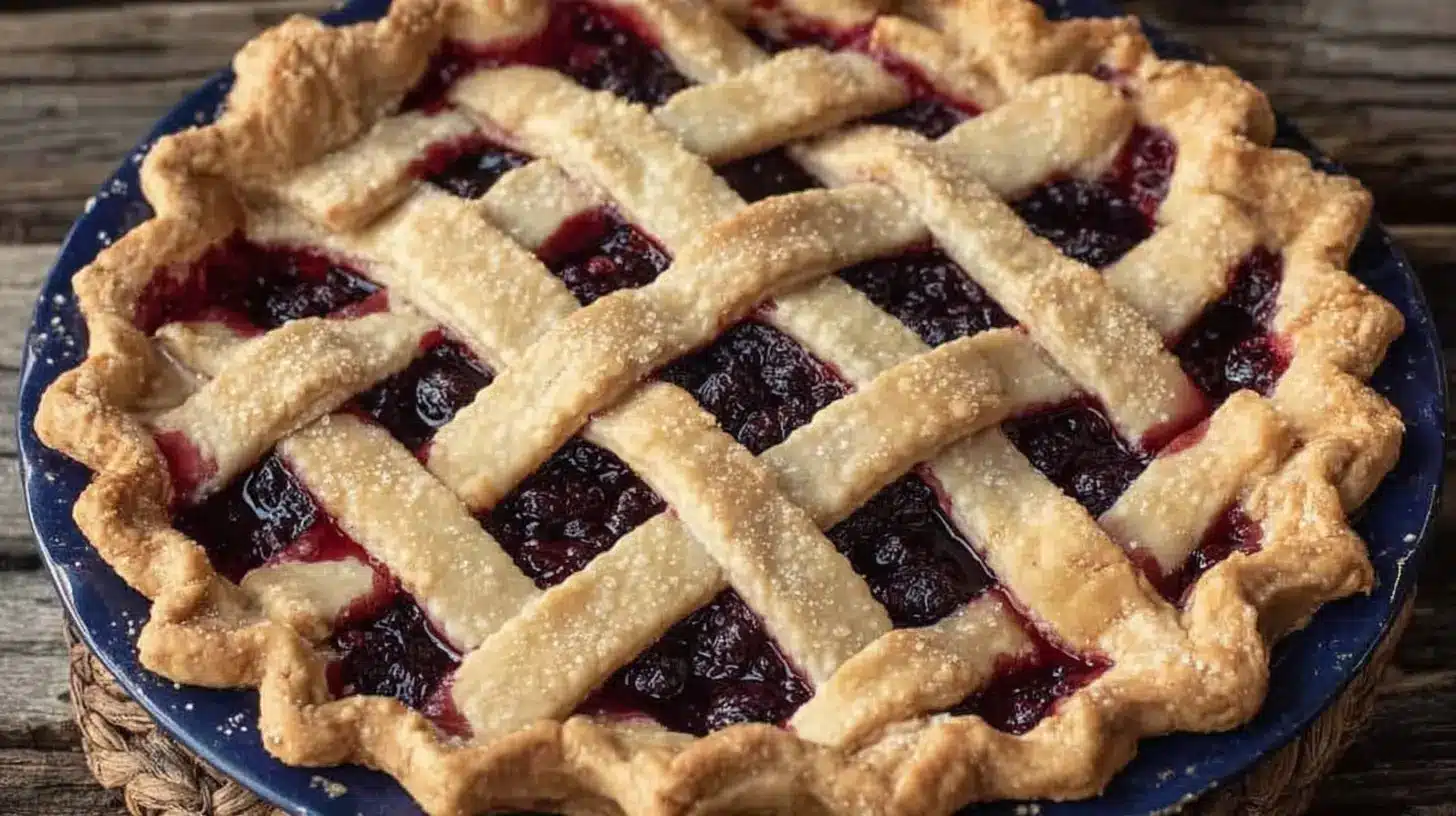 Freshly baked black raspberry pie in a blue dish with a golden, sugared lattice crust and deep purple filling, set on a rustic wooden table.