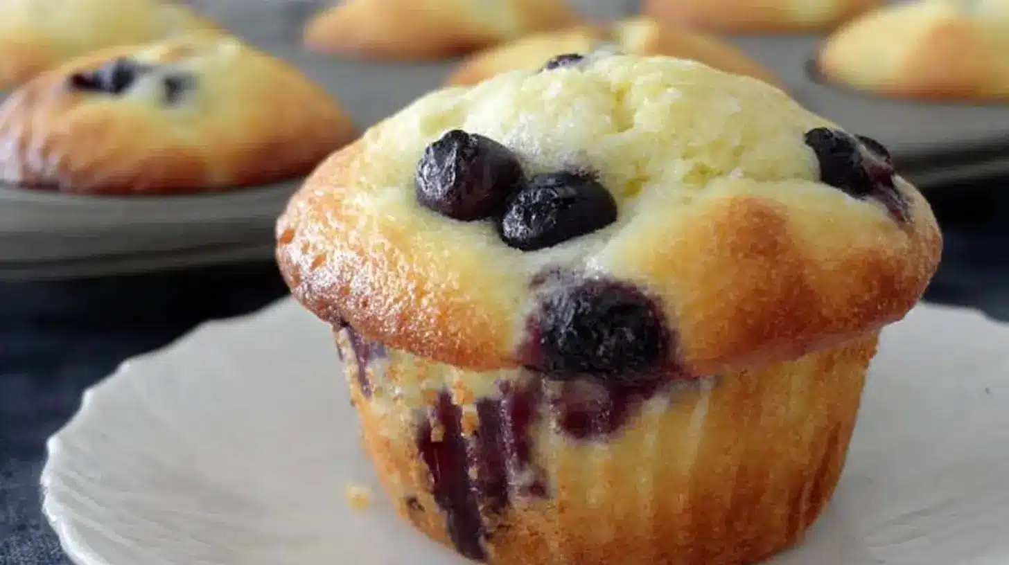 Close-up of a golden blueberry muffin made with cake mix, bursting with juicy blueberries; muffin tin with more muffins blurred in the background.
