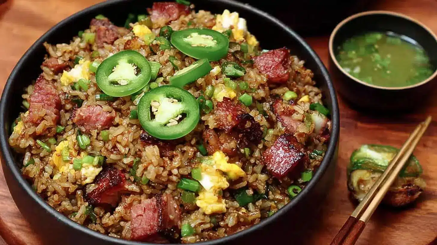 Bowl of brisket fried rice with crispy smoked brisket pieces, scrambled egg, scallions, and jalapeño slices, served with dipping sauce and chopsticks.
