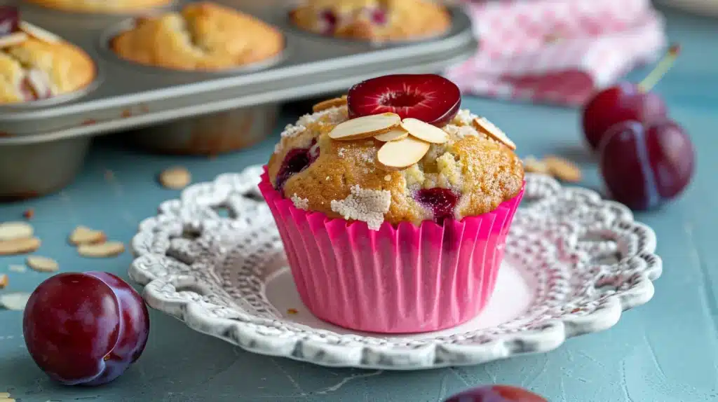 Close-up of a cherry plum muffin in a pink liner, topped with sliced almonds and a halved plum, set on an ornate white plate; muffin tin and fresh plums in the background.