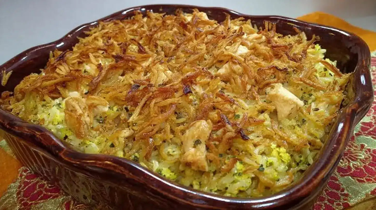 Easy chicken Rice-A-Roni casserole topped with crispy fried onions in a baking dish.