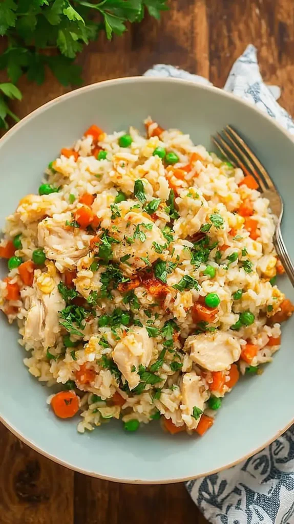 Easy crockpot meals for kids with peas and carrots on a plate, garnished with parsley”