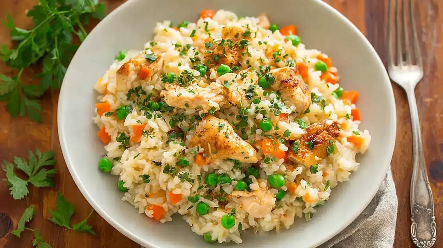 Bowl of creamy crockpot chicken and rice for kids with peas, carrots, and parsley on a white plate.