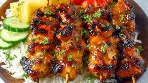 Grilled Hawaiian-style huli huli chicken skewers served over steamed rice with fresh pineapple slices and dipping sauce.