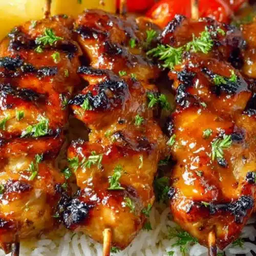 Grilled Hawaiian-style huli huli chicken skewers served over steamed rice with fresh pineapple slices and dipping sauce.