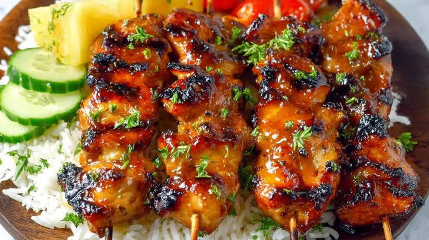 Grilled Hawaiian-style huli huli chicken skewers served over steamed rice with fresh pineapple slices and dipping sauce.