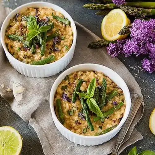 Easy Lemongrass Risotto with Asparagus & Basil 3 Two ramekins of lemongrass risotto with asparagus and basil on a linen napkin, lemon halves and purple flowers nearby, top view.