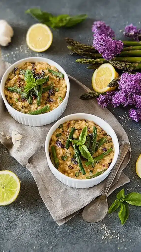 Easy Lemongrass Risotto with Asparagus & Basil 2 Two ramekins of lemongrass risotto with asparagus and basil on a linen napkin, lemon halves and purple flowers nearby, top view.