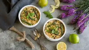 Lemongrass risotto with asparagus and basil in two white bowls, lemon and limes on a gray table, overhead.