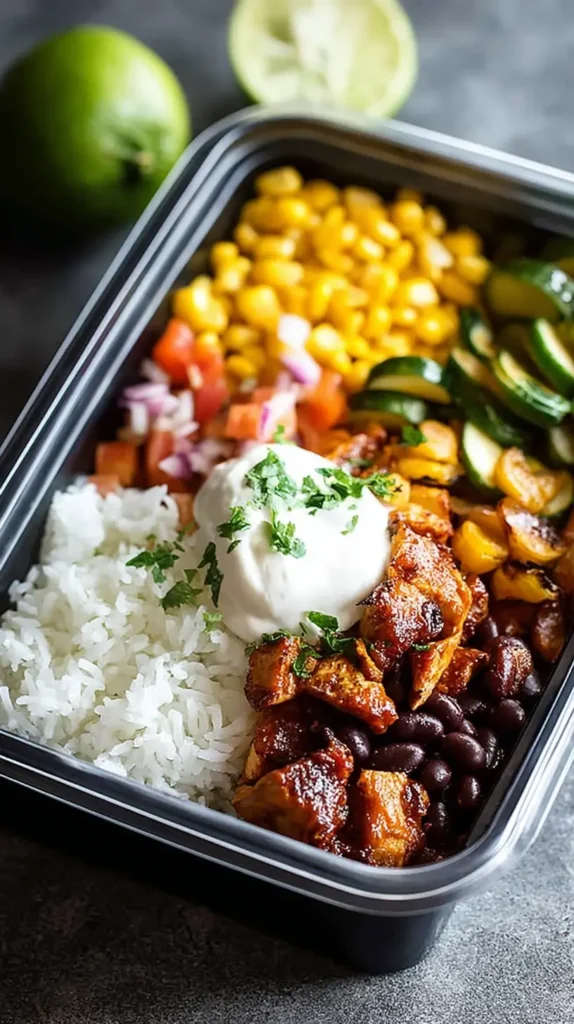 Lunch Meal Prep chicken burrito bowl with rice, beans, corn, zucchini, pico de gallo, and creamy topping