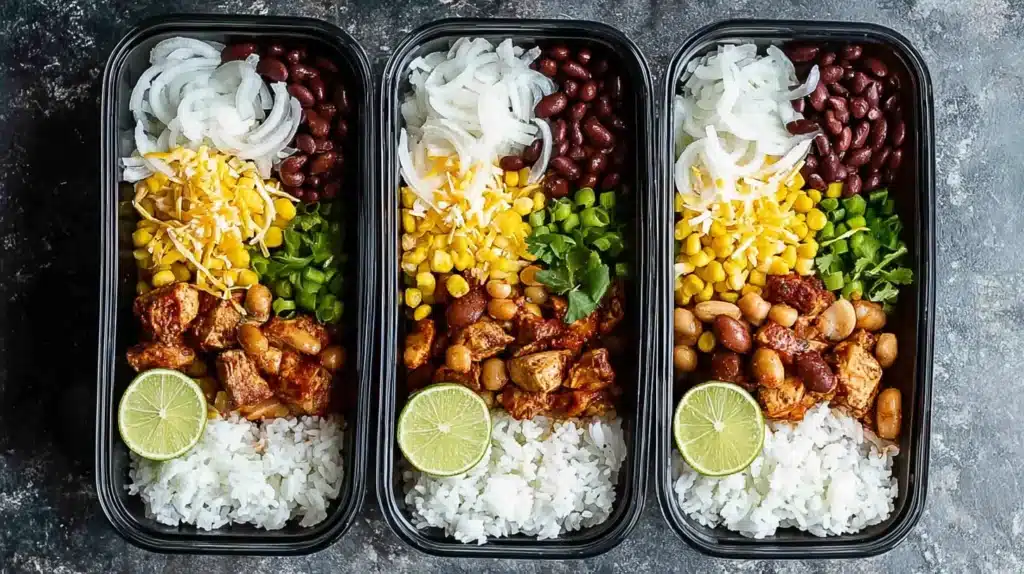 Lunch Meal Prep chicken burrito bowls with rice, beans, corn, onions, and lime in black containers (overhead)