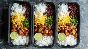 Lunch Meal Prep chicken burrito bowls with rice, beans, corn, onions, and lime in black containers (overhead)