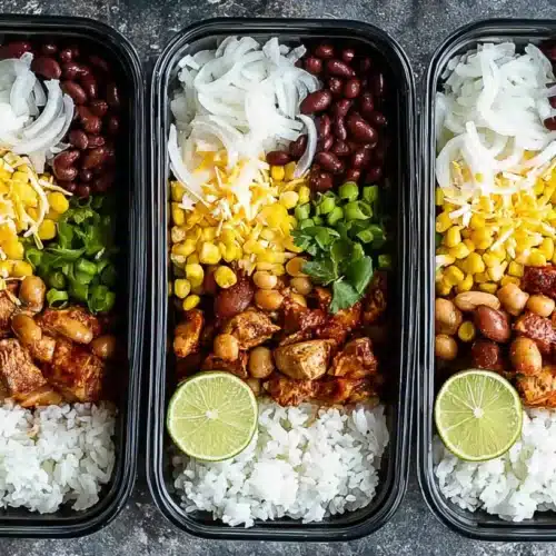 Lunch Meal Prep chicken burrito bowls with rice, beans, corn, onions, and lime in black containers (overhead)