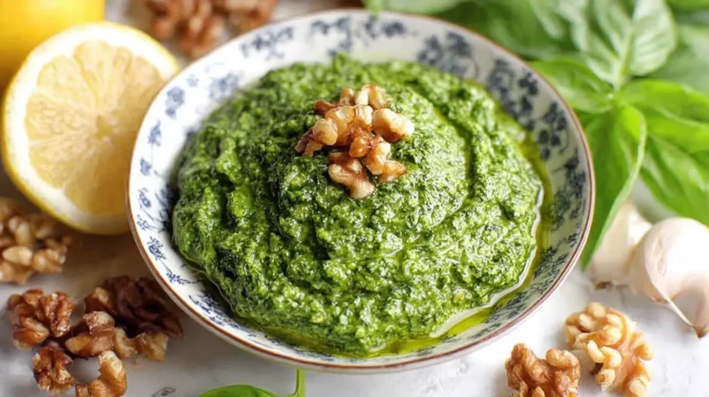 Bowl of homemade basil pesto garnished with walnuts, surrounded by fresh ingredients like lemon, basil leaves, and garlic.