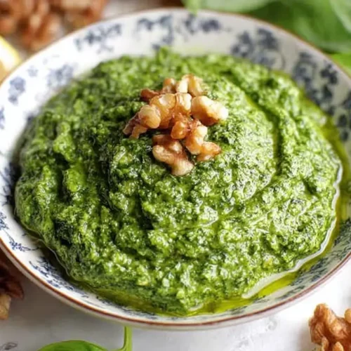 Easy Pesto Recipe Without Pine Nuts: Fresh & Fast 3 Bowl of homemade basil pesto garnished with walnuts, surrounded by fresh ingredients like lemon, basil leaves, and garlic.