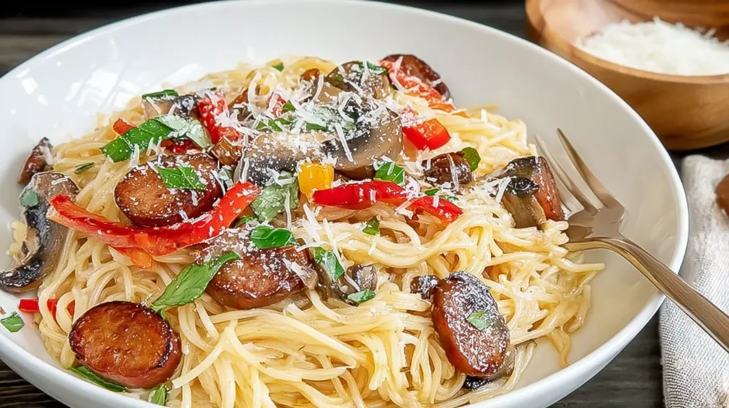 Bowl of pasta tossed with smoked sausage coins, bell peppers, mushrooms, fresh herbs, and grated Parmesan.