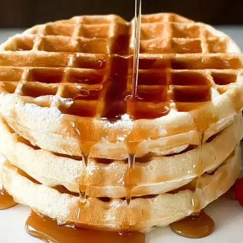 Easy Waffle Recipe Without Milk 2025 5 Stack of golden waffles drizzled with maple syrup and served with fresh raspberries and blackberries on a white plate.