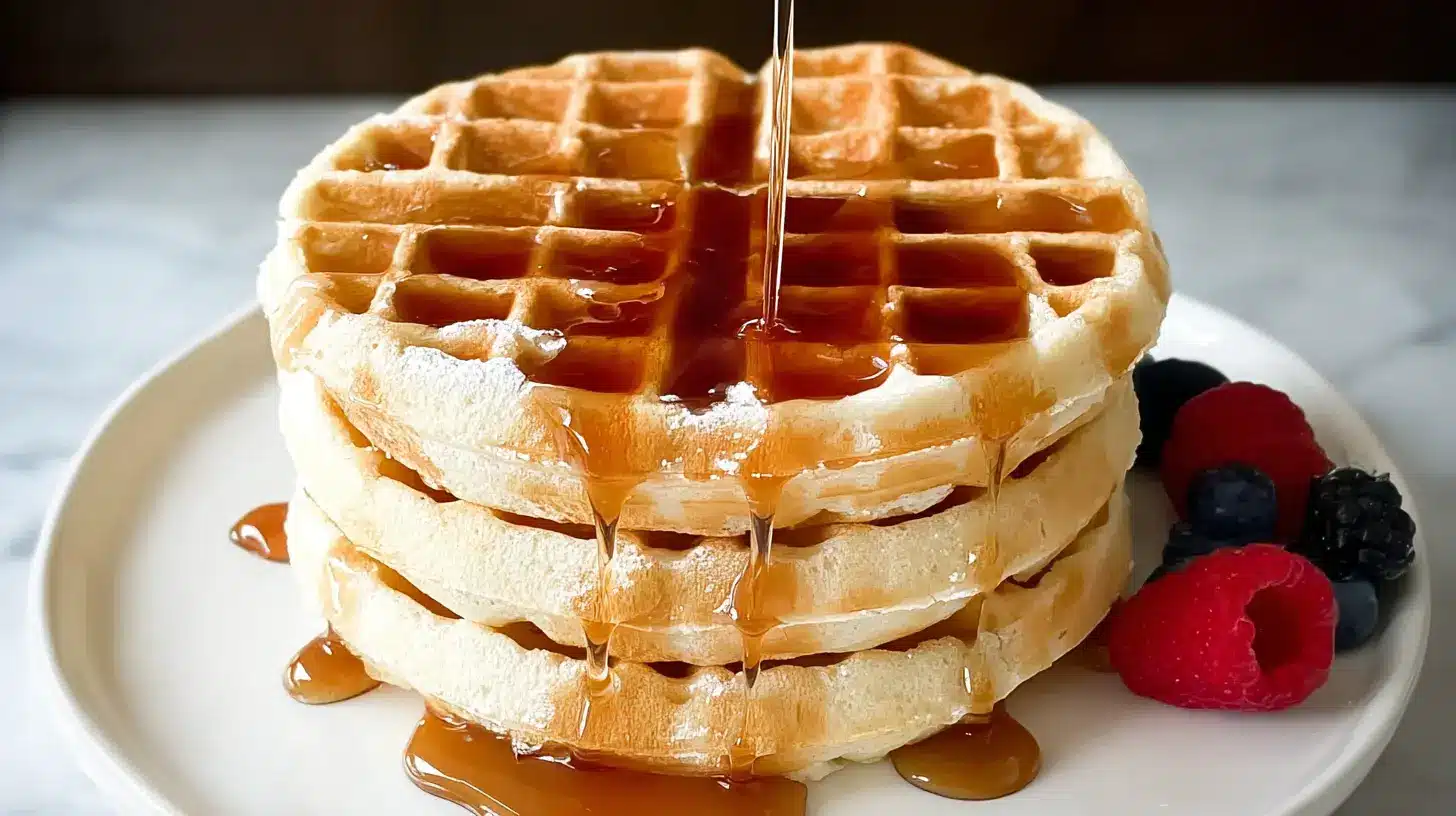 Easy Waffle Recipe Without Milk 2025 1 Stack of golden waffles drizzled with maple syrup and served with fresh raspberries and blackberries on a white plate.