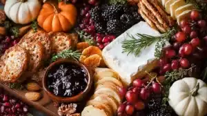 Close-up of a fall charcuterie board with Brie topped with rosemary, sliced cheeses, grapes, blackberries, pomegranate seeds, crostini, crackers, jam, nuts, herbs, and mini pumpkins.