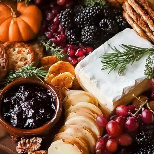 Close-up of a fall charcuterie board with Brie topped with rosemary, sliced cheeses, grapes, blackberries, pomegranate seeds, crostini, crackers, jam, nuts, herbs, and mini pumpkins.