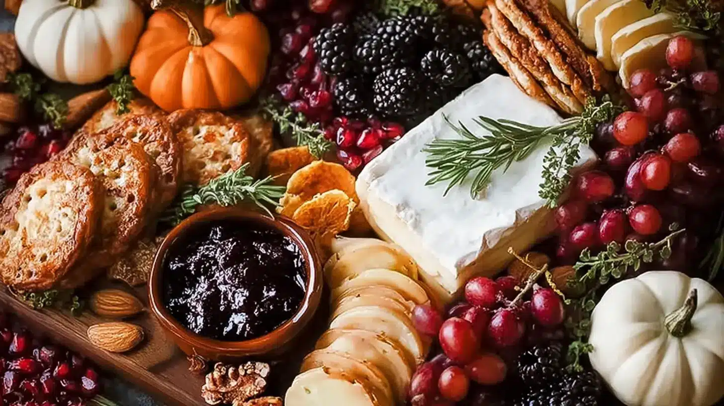 Close-up of a fall charcuterie board with Brie topped with rosemary, sliced cheeses, grapes, blackberries, pomegranate seeds, crostini, crackers, jam, nuts, herbs, and mini pumpkins.