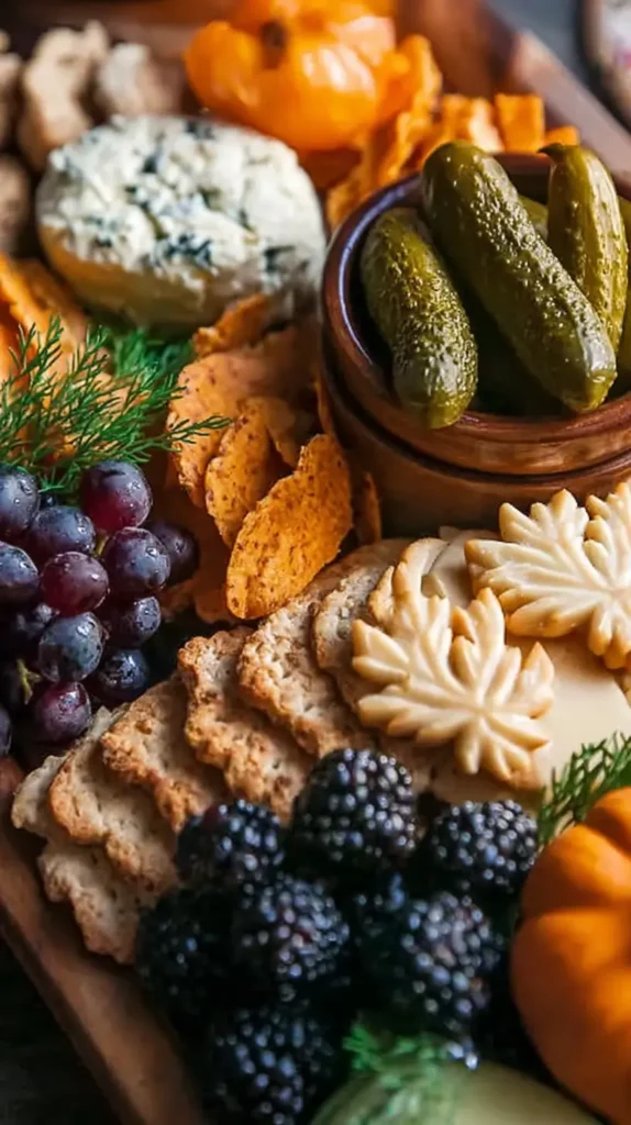 Vertical close-up of a fall charcuterie board with a bowl of mini pickles, grapes, blackberries, leaf-shaped cheese slices, blue cheese, crackers, chips, dill, and mini pumpkins.