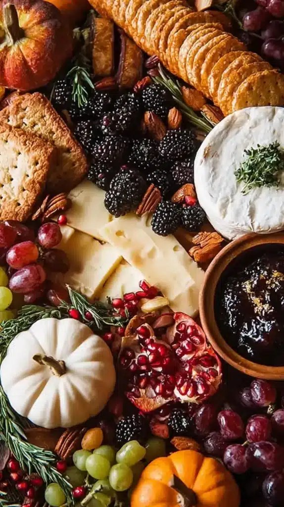 Overhead fall charcuterie board with Brie topped with thyme, Swiss slices, crackers, red and green grapes, blackberries, pomegranate seeds and halves, jam, nuts, rosemary, and mini pumpkins.