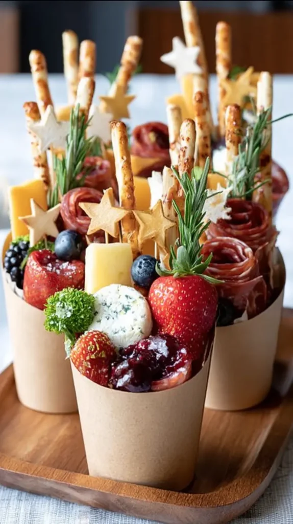 Charcuterie Cups Recipes: Easy, Beautiful Party Bites 3 Vertical close-up of festive charcuterie cups with salami rosettes, cheese cubes on star skewers, breadsticks, strawberries, blueberries, blackberries, rosemary, and jam.