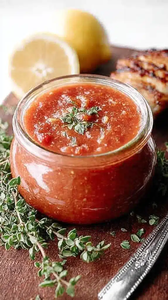 Small jar of homemade amogio sauce garnished with fresh herbs, served with lemon and grilled chicken in the background.
