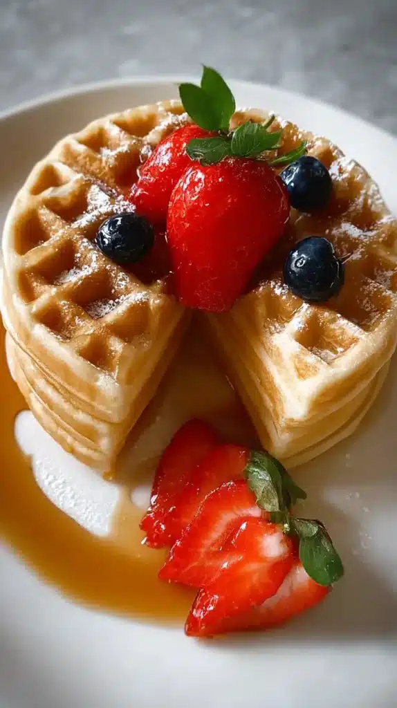 Easy Waffle Recipe Without Milk 2025 4 Stack of golden waffles with maple syrup, topped with fresh strawberries and blueberries on a white plate.