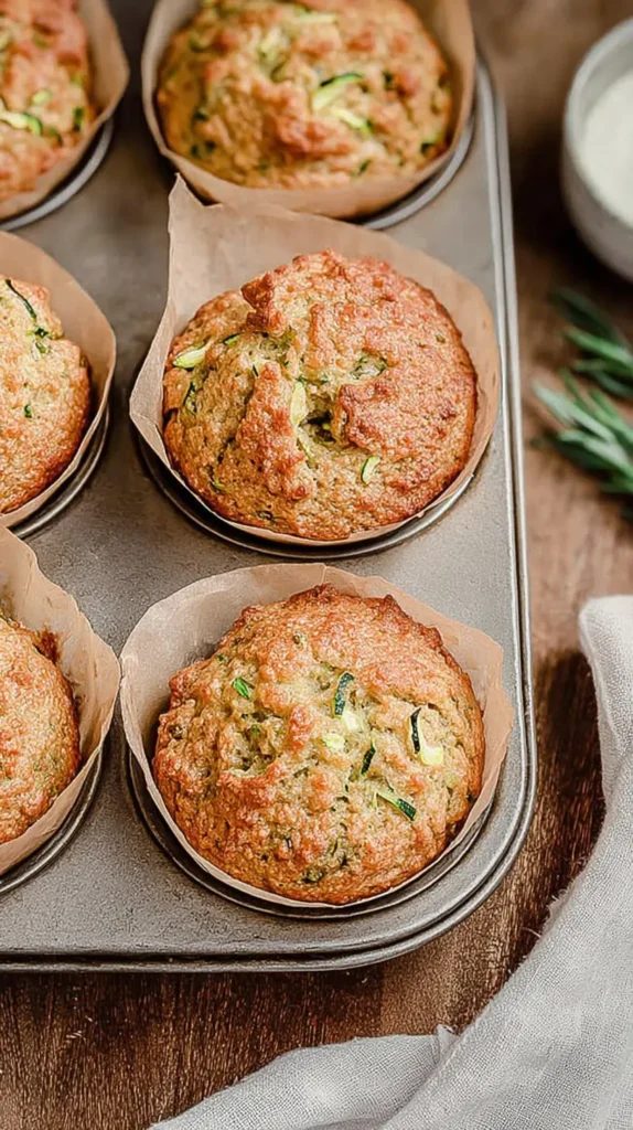Sourdough zucchini muffins cooling in a muffin tin, golden and craggy tops