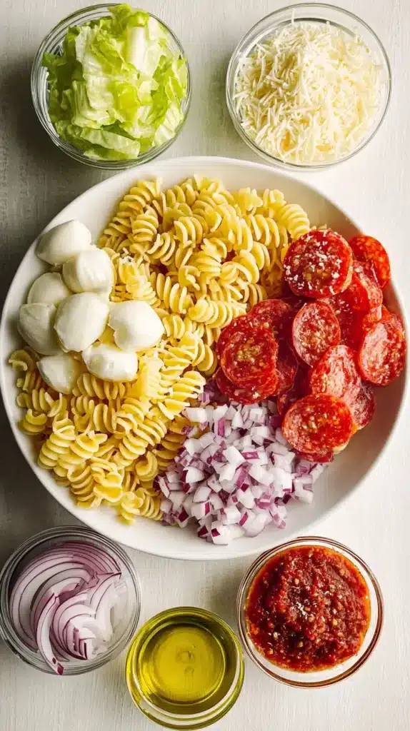 Overhead of rotini, mini mozzarella, diced red onion, and turkey pepperoni on a plate, with bowls of lettuce, Parmesan, red onion, olive oil, and zesty hoagie dressing.