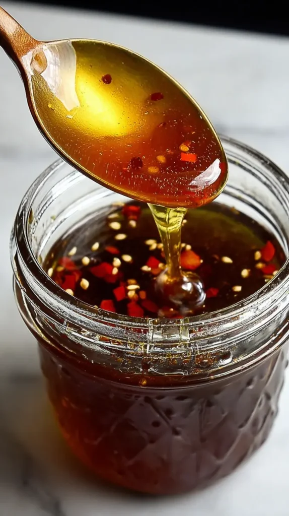 Wooden spoon drizzling homemade hot honey sauce with chili flakes into a glass jar.
