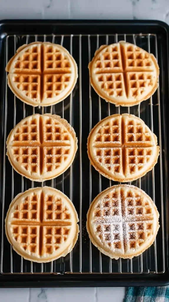 Easy Waffle Recipe Without Milk 2025 3 Six golden waffles cooling on a wire rack over a baking sheet, fresh and ready to serve.