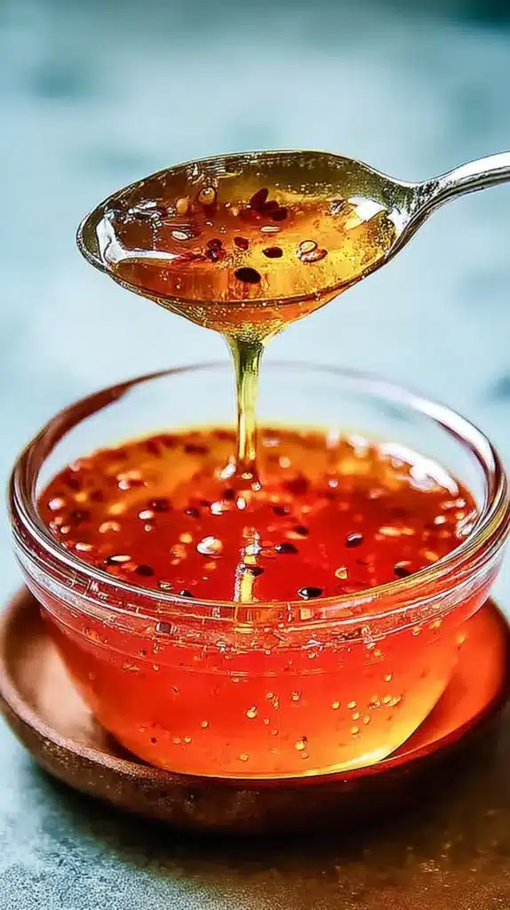 Golden hot honey sauce dripping from a spoon into a glass bowl, infused with chili flakes.