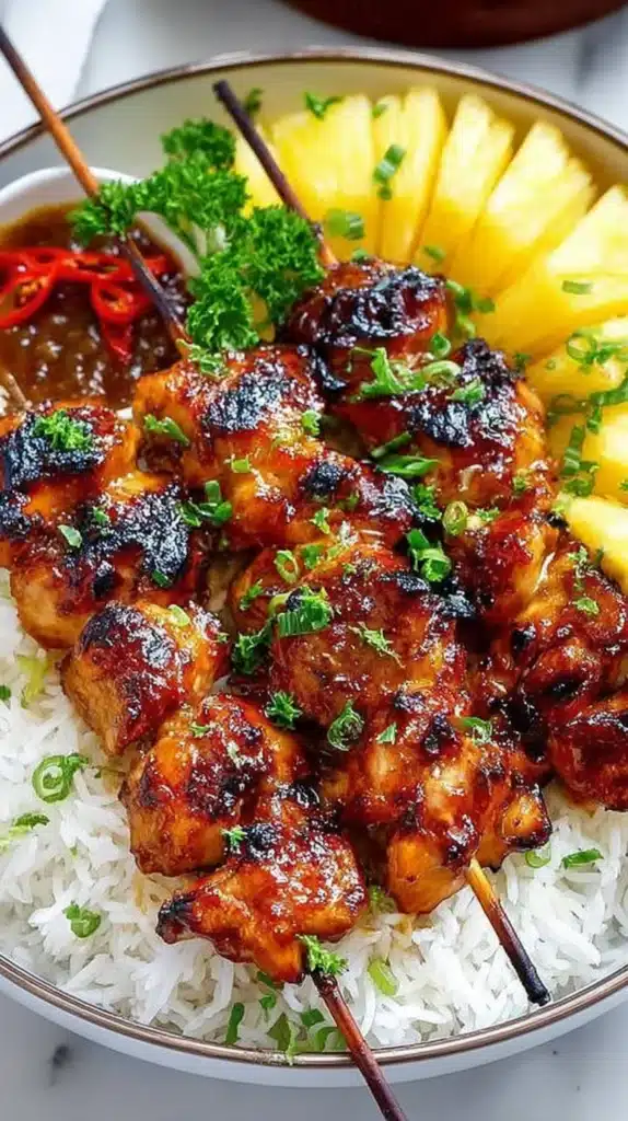 Grilled Huli Huli chicken skewers served over white rice with grilled pineapple and dipping sauce.