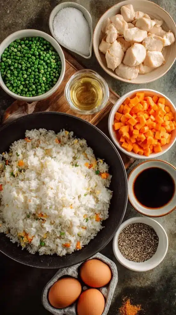 Overhead shot of chicken fried rice mise en place: bowl of day-old rice, diced chicken, peas, carrots, eggs, soy sauce, oil, salt, and black pepper arranged around a wok.
