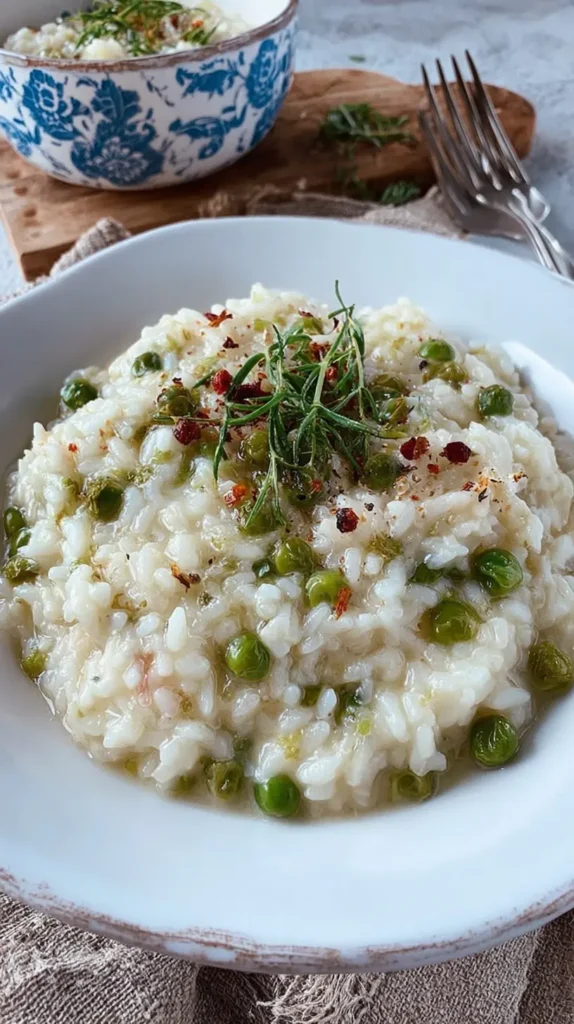 White bowl of lemongrass risotto recipe with peas, herbs, and chili flakes on a wooden table, shallow depth of field.