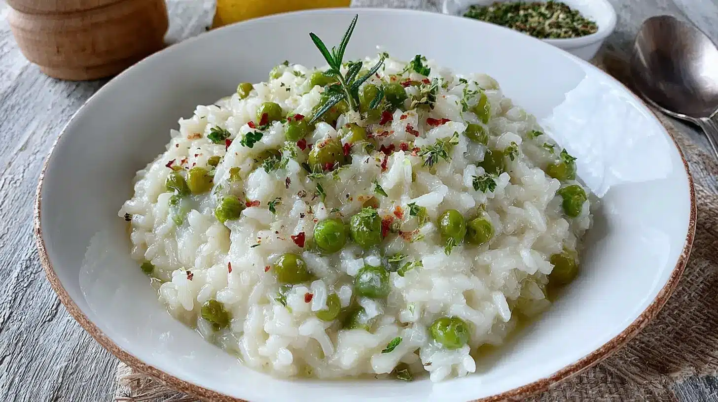 Close-up bowl of creamy lemongrass risotto recipe with green peas, rosemary, and chili flakes on rustic linen.
