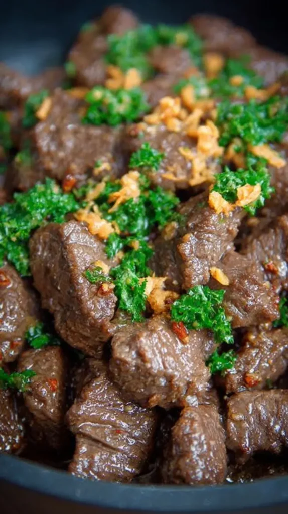 Seared Beef Salpicao Recipe topped with crisp garlic and fresh parsley in a sizzling pan.