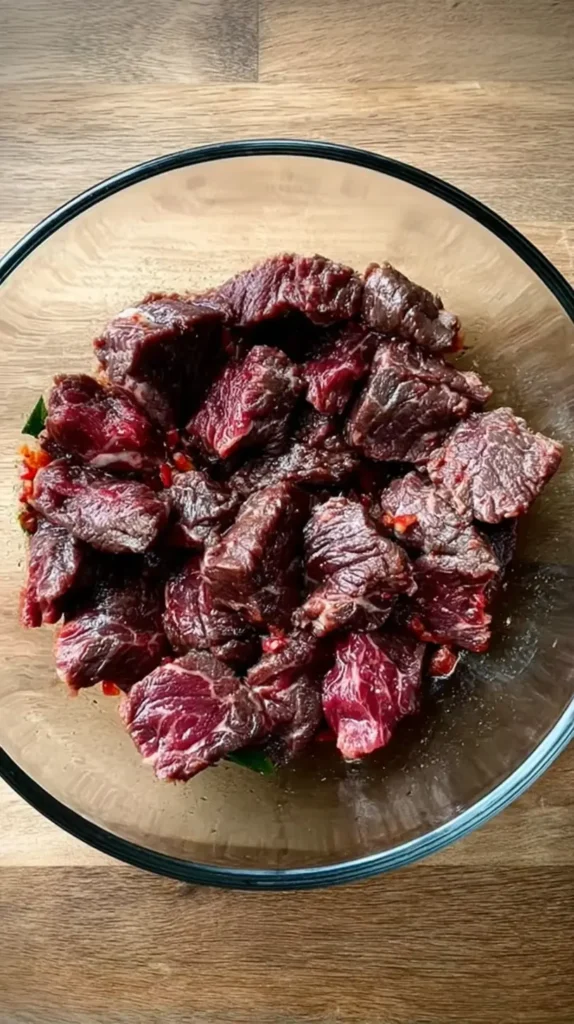 Bowl of raw beef cubes marinating in a glass bowl with seasoning and aromatics on a wooden surface.