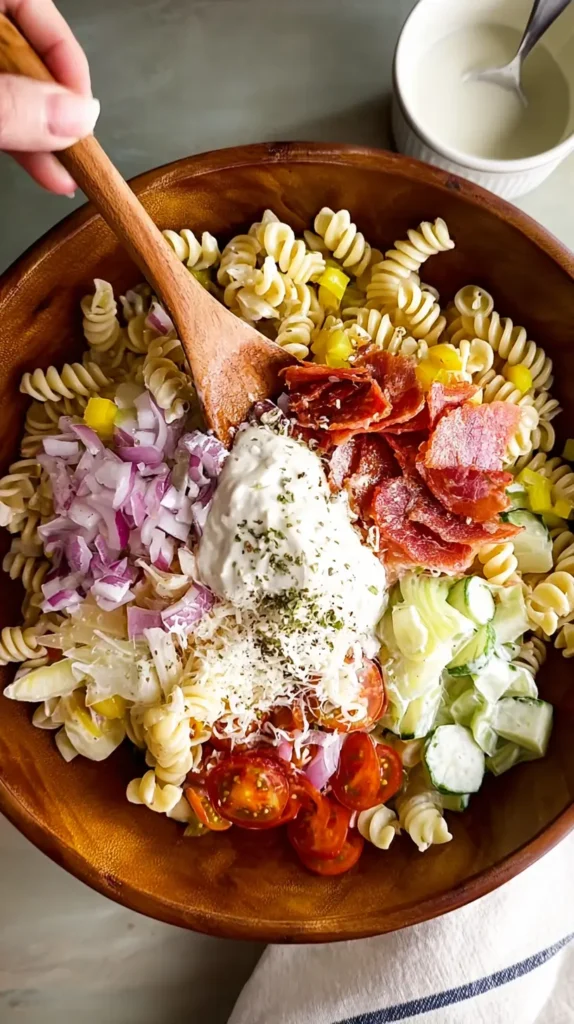 Rotini salad in a wooden bowl with tomatoes, cucumber, red onion, banana peppers, Parmesan, turkey pepperoni, and creamy dressing being mixed.