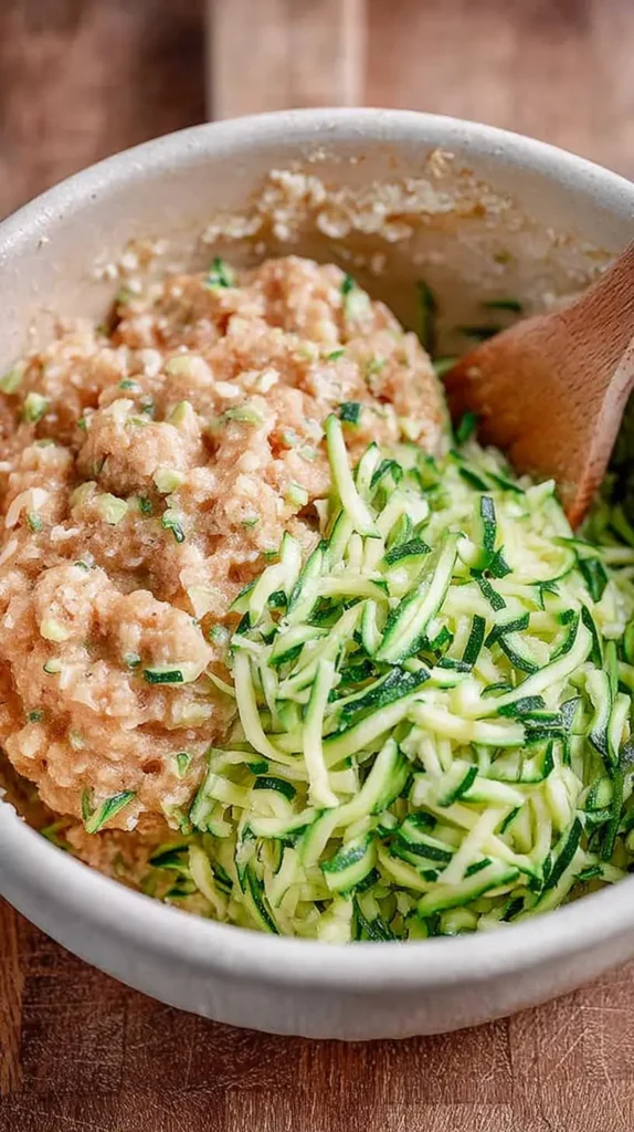 Mixing sourdough muffin batter with freshly shredded zucchini in a bowl